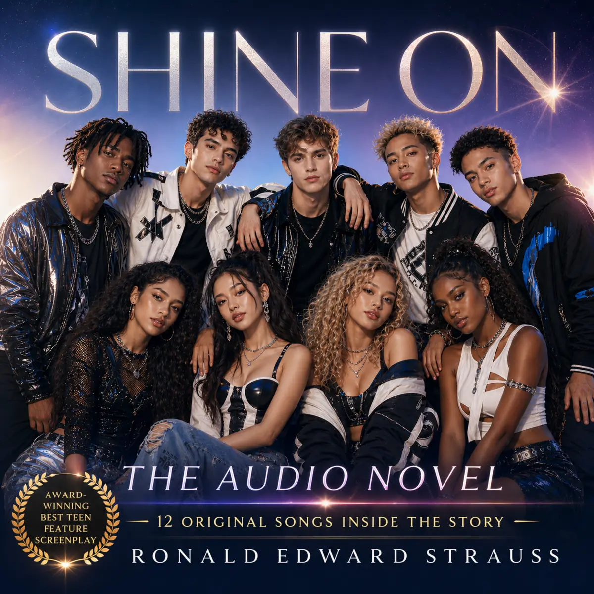 Nine members of Unity 9 beneath the Shine On title for the award-winning audio novel featuring twelve original songs.