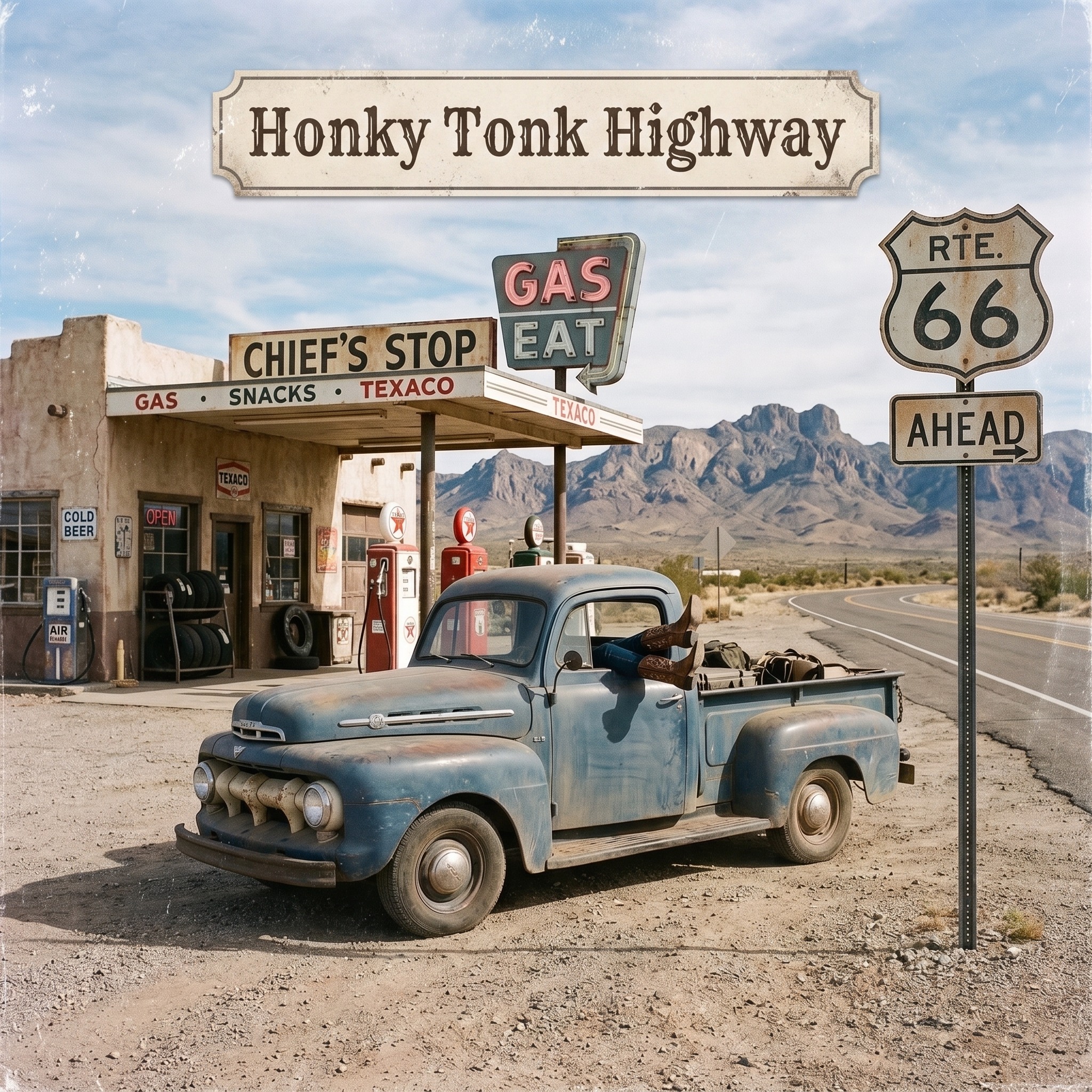 Honky Tonk Highway cover artwork featuring a vintage truck on Route 66