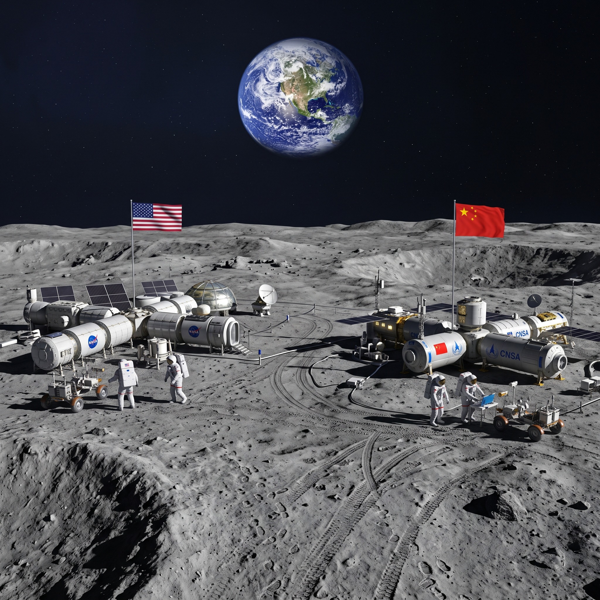 Competing American and Chinese helium-3 mining bases on the Moon