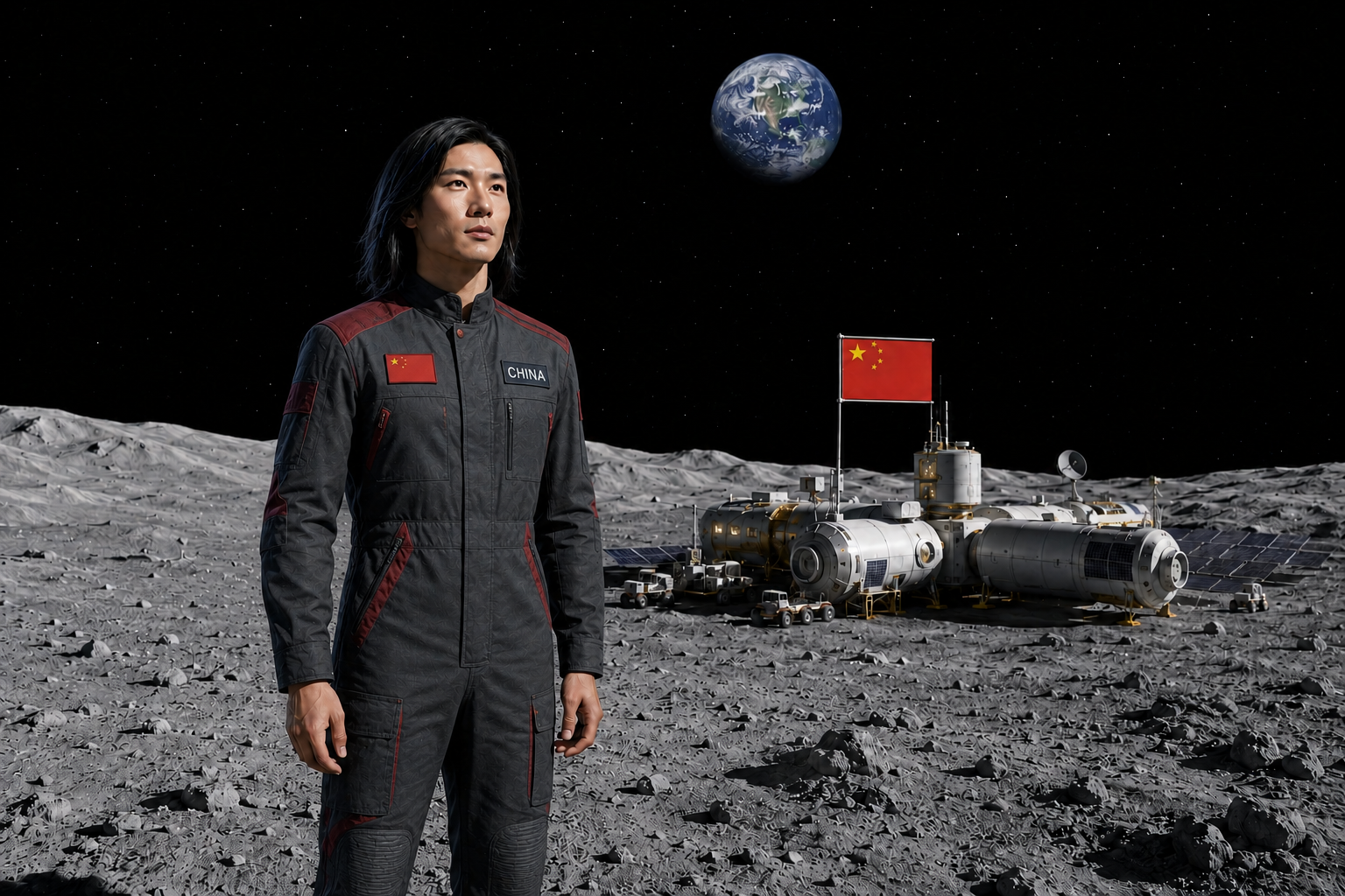 Charlie-8, a humanlike Chinese android, standing beside the Chinese lunar base