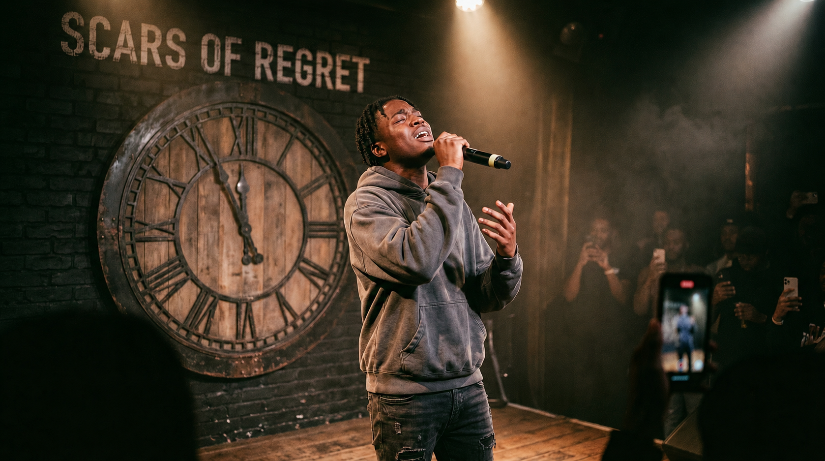 Scars of Regret chapter artwork showing a rapper performing before a large clock.